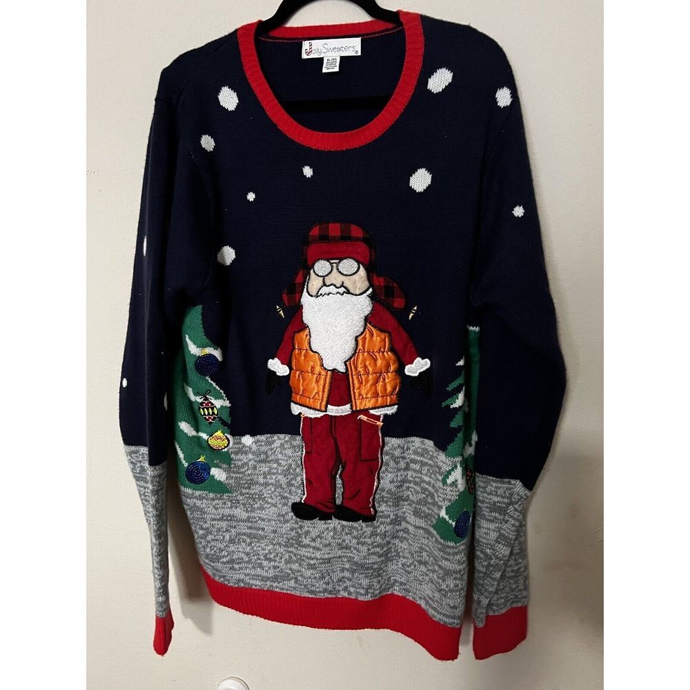 Jolly Sweaters Santa Hunt Redneck Country Christmas Xmas Holiday Sweater SZ XL